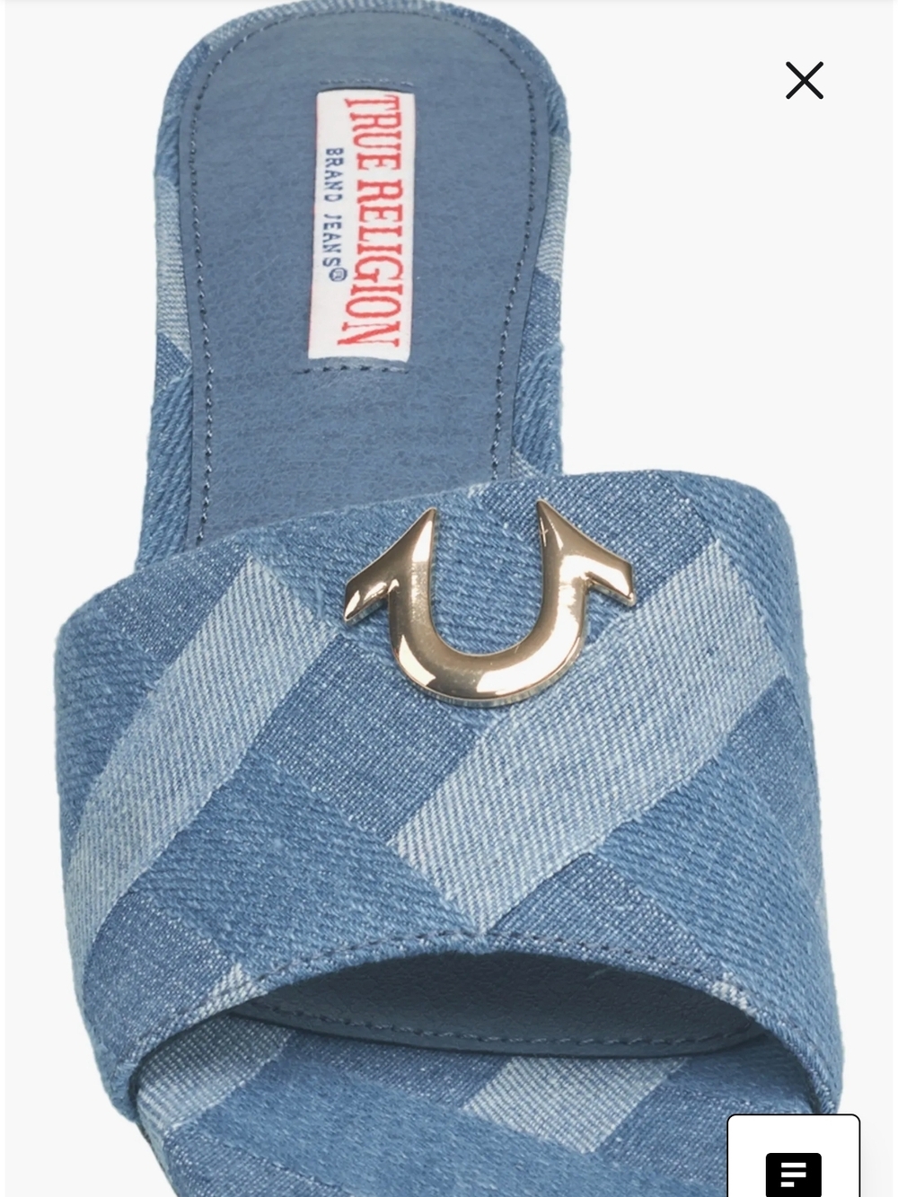 True Religion Blue Denim Single Strap Logo Block-Print Sandal Heels Size 7 - Picture 5 of 10
